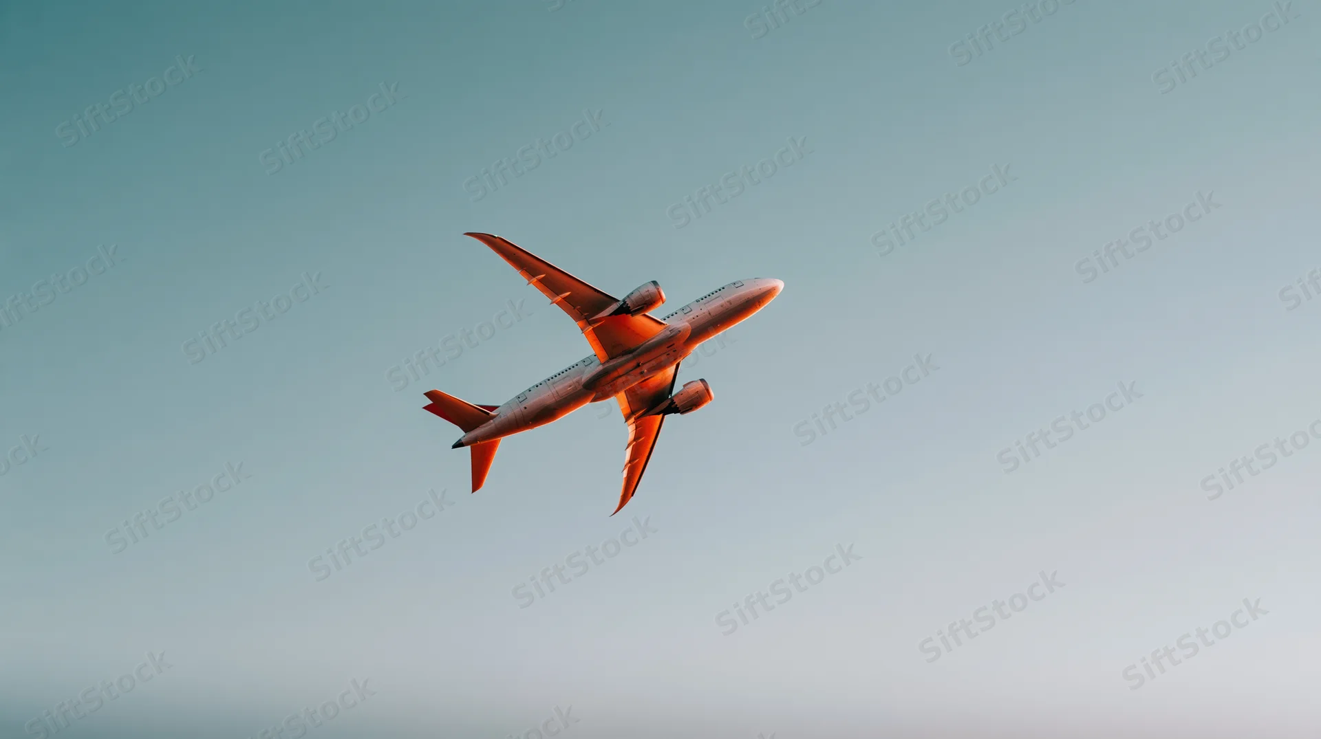 Commercial passenger jet flying overhead against a gradient sky at sunset