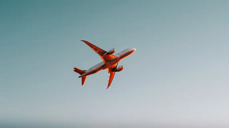 Commercial passenger jet flying overhead against a gradient sky at sunset