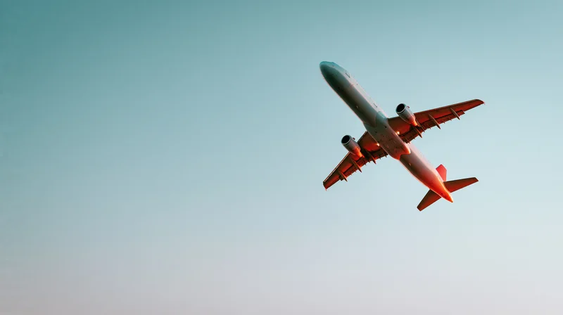 Commercial passenger jet ascending in clear sky with warm light on wings and tail
