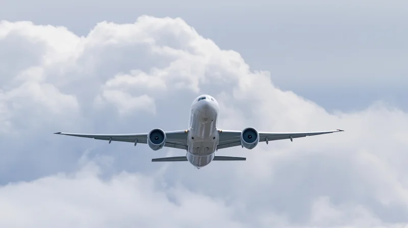 Commercial passenger jet flying through partly cloudy sky viewed from below