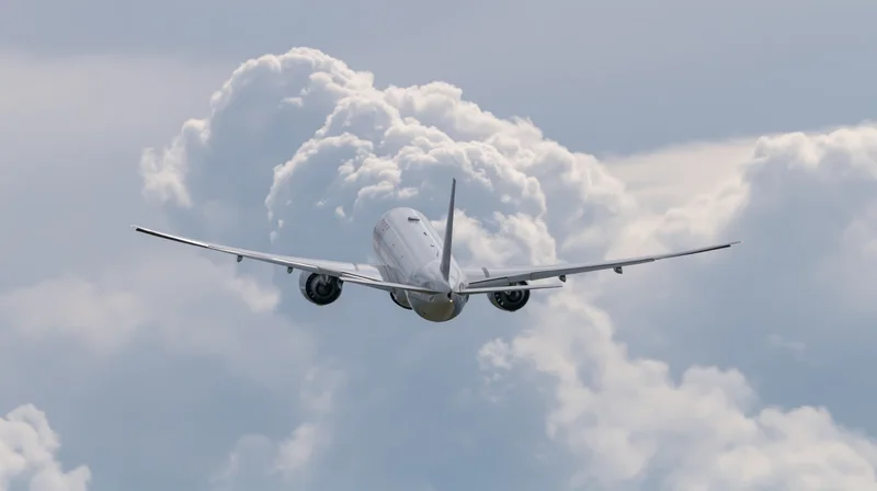 Commercial passenger jet flying overhead in partly cloudy sky