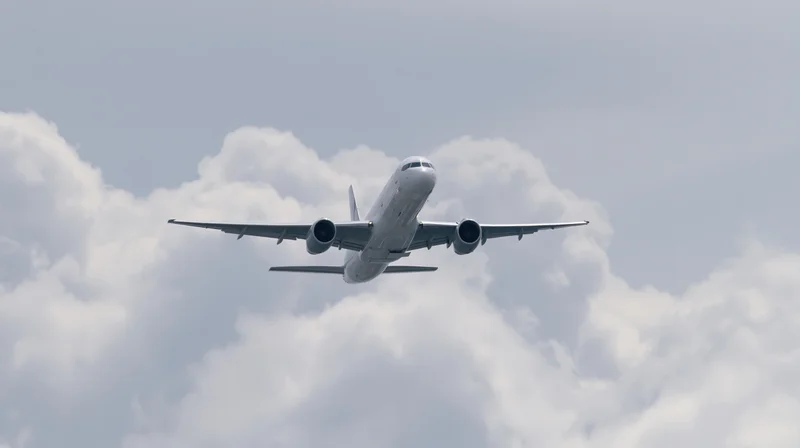 Commercial passenger jet flying through partly cloudy sky from low angle