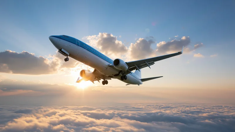 Commercial passenger jet in flight with landing gear down above clouds at sunset
