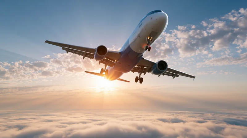 Commercial passenger jet in flight with landing gear down above clouds at sunset