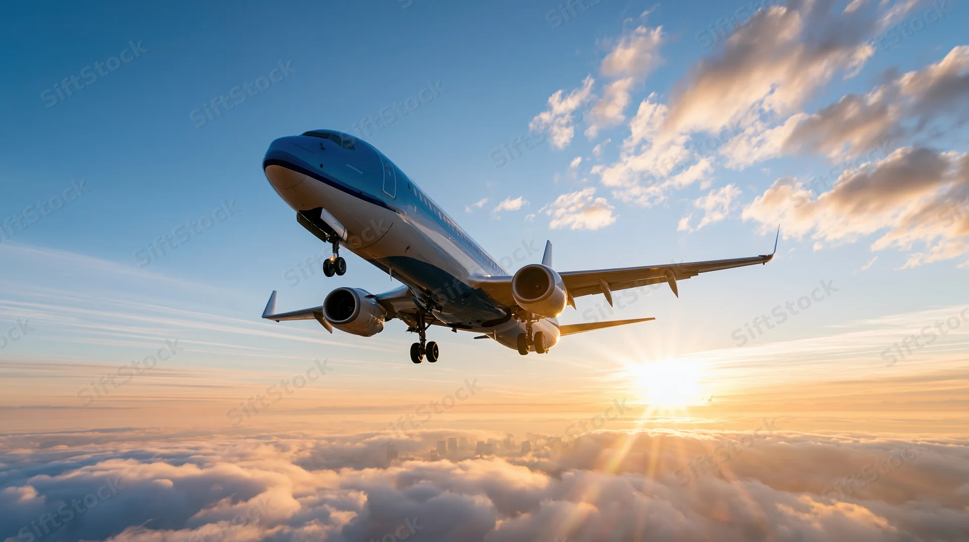 Commercial passenger jet in flight with landing gear down above clouds at sunset