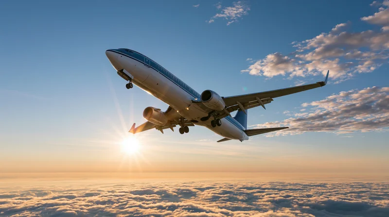 Commercial passenger jet in flight with landing gear down above clouds at sunrise