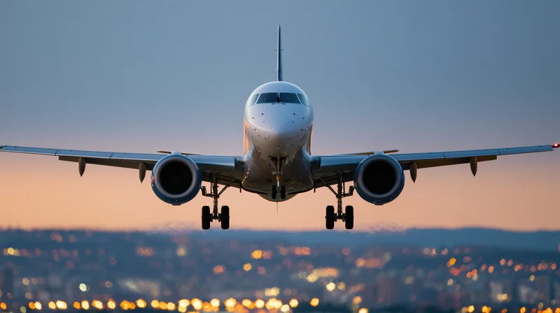 Commercial passenger jet in landing approach with gear down over city lights at dusk