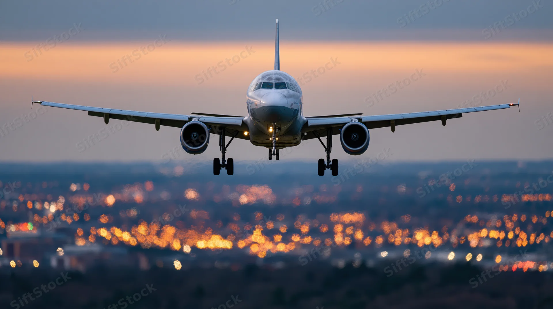 Commercial passenger jet in landing approach with gear down flying over city lights at dusk