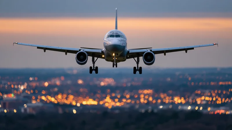 Commercial passenger jet in landing approach with gear down flying over city lights at dusk