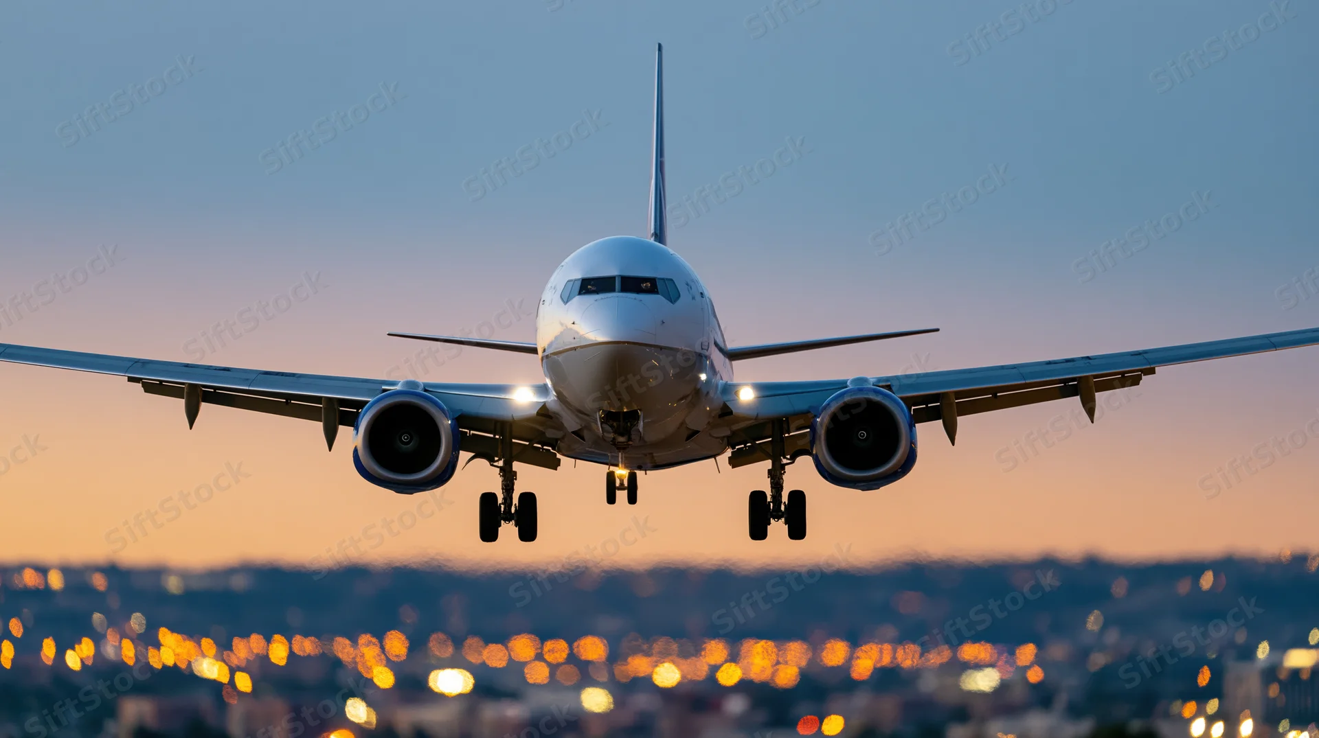 Commercial passenger jet in landing approach with gear down over city lights at twilight