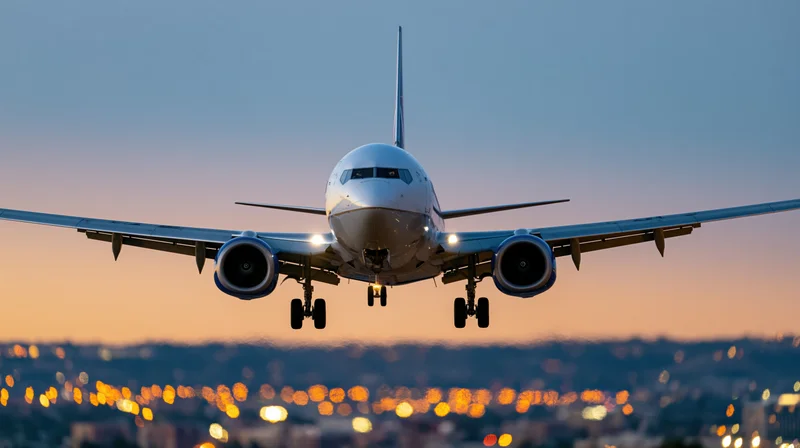Commercial passenger jet in landing approach with gear down over city lights at twilight