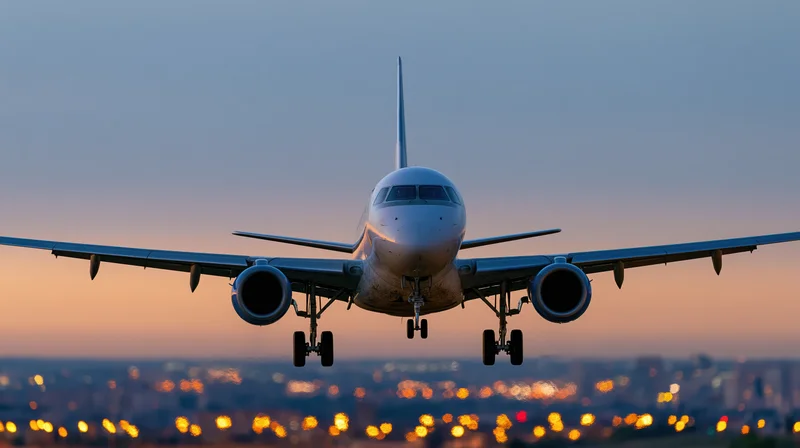 Commercial passenger jet in landing approach with gear down over city lights at dusk