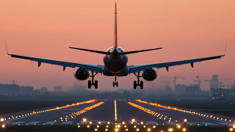 Commercial airplane landing on runway at dusk with illuminated approach lights