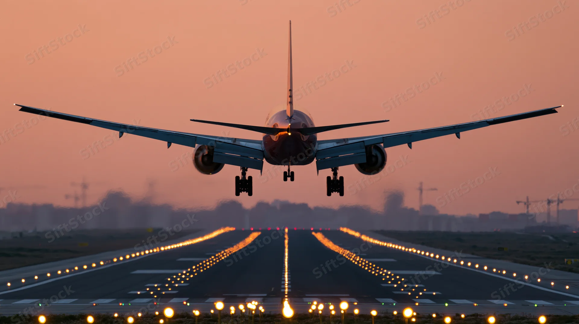 Commercial passenger jet landing on runway at dusk with illuminated lights and city skyline in background