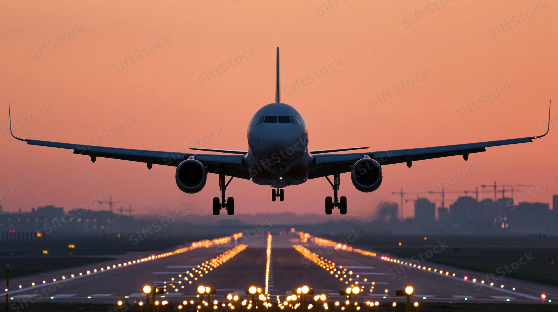 Commercial airplane landing on runway at dusk with city skyline in background