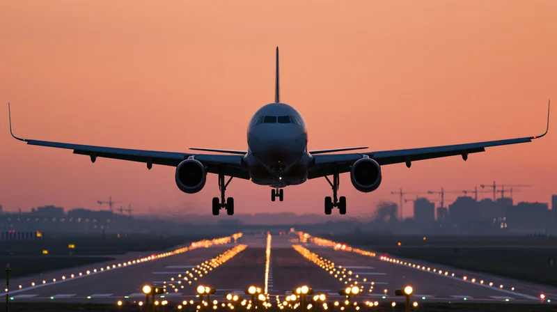 Commercial airplane landing on runway at dusk with city skyline in background