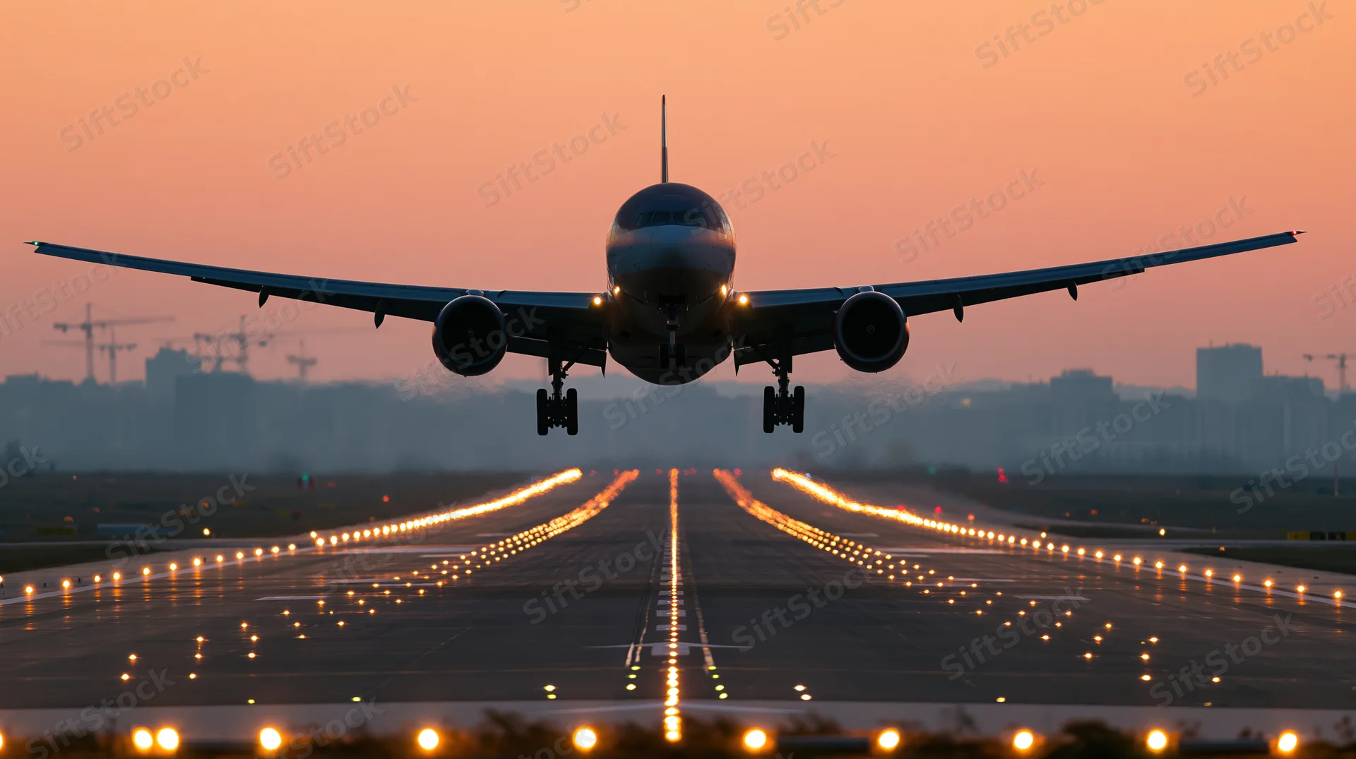 Commercial airplane landing on runway at dusk with city skyline in background