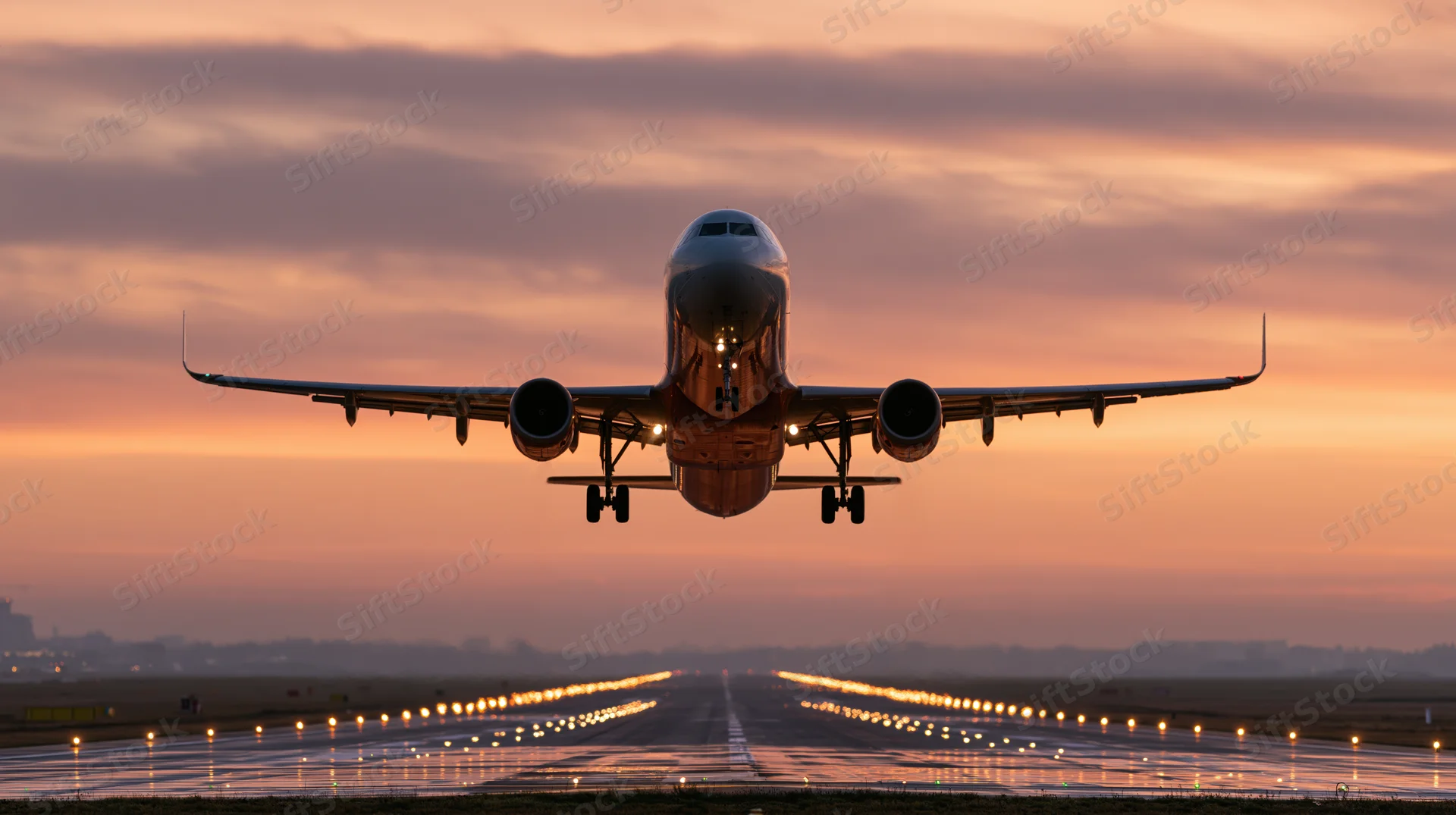 Commercial passenger jet taking off from runway at sunset
