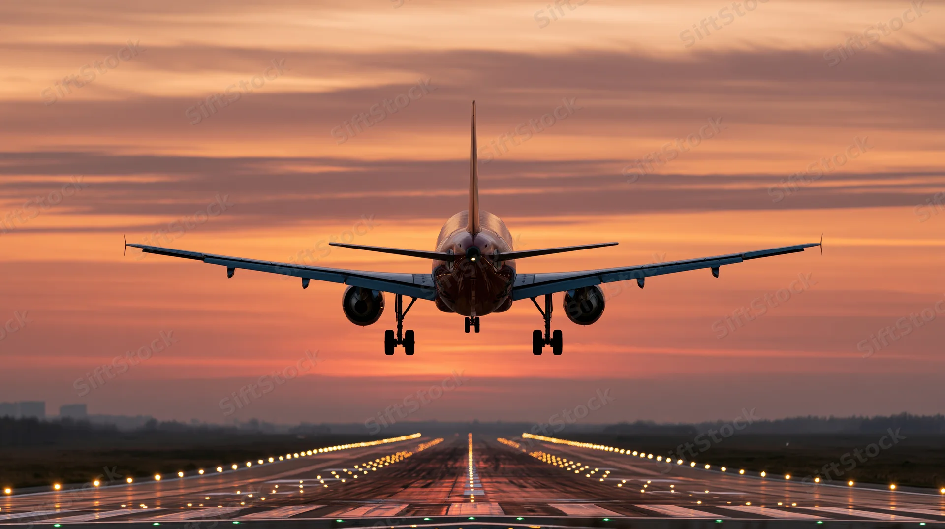Commercial passenger jet taking off from runway at sunset