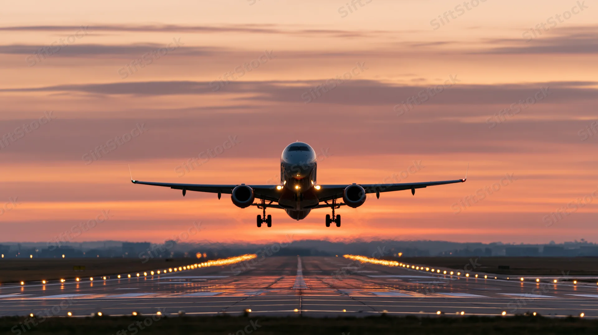 Commercial passenger jet taking off from runway at sunset