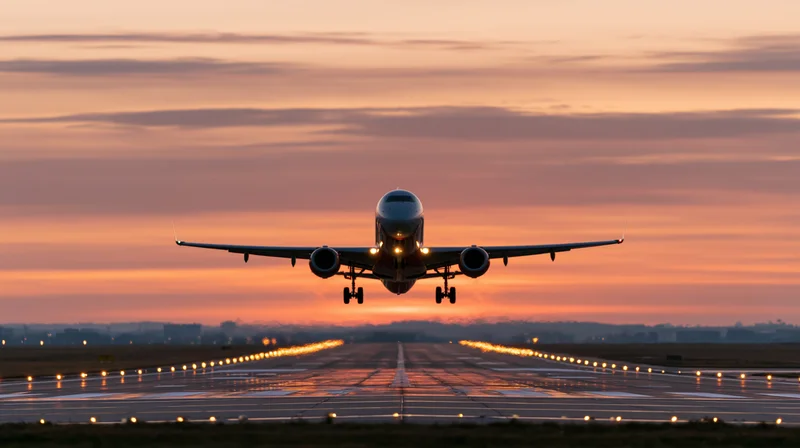 Commercial passenger jet taking off from runway at sunset