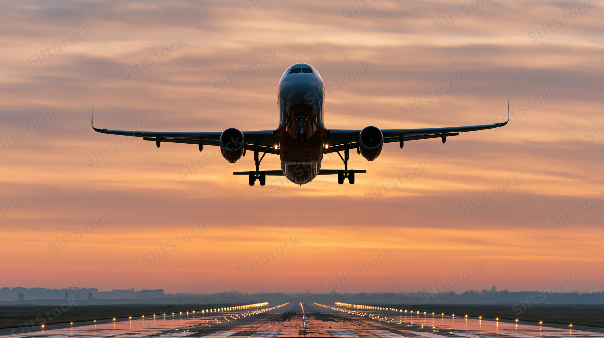 Commercial passenger jet taking off from runway at sunset