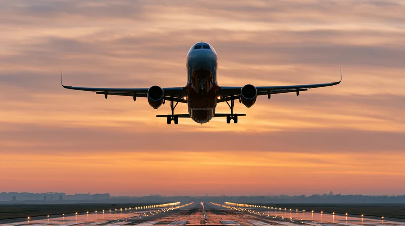 Commercial passenger jet taking off from runway at sunset