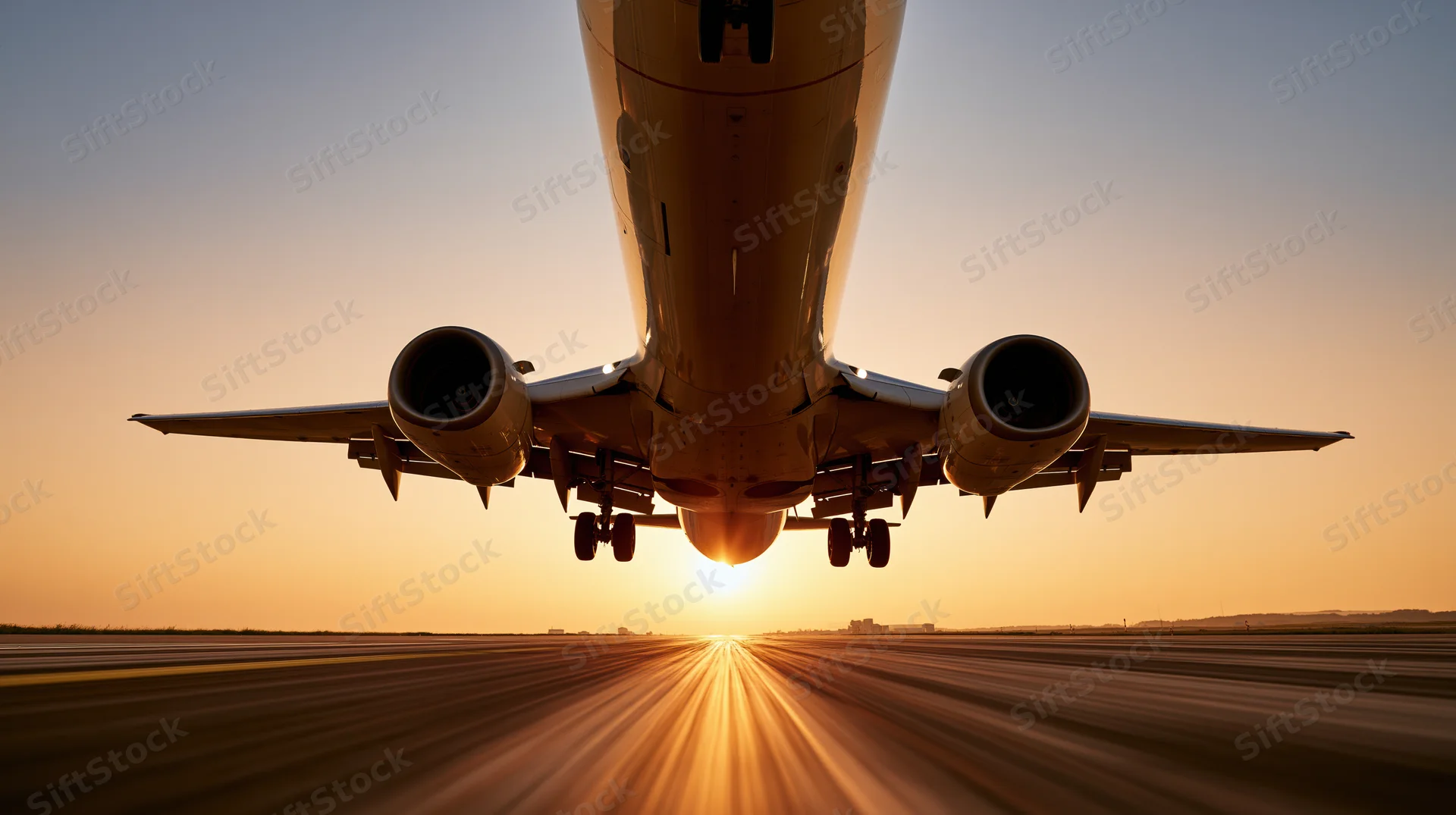 Commercial passenger jet lifting off from runway at sunset