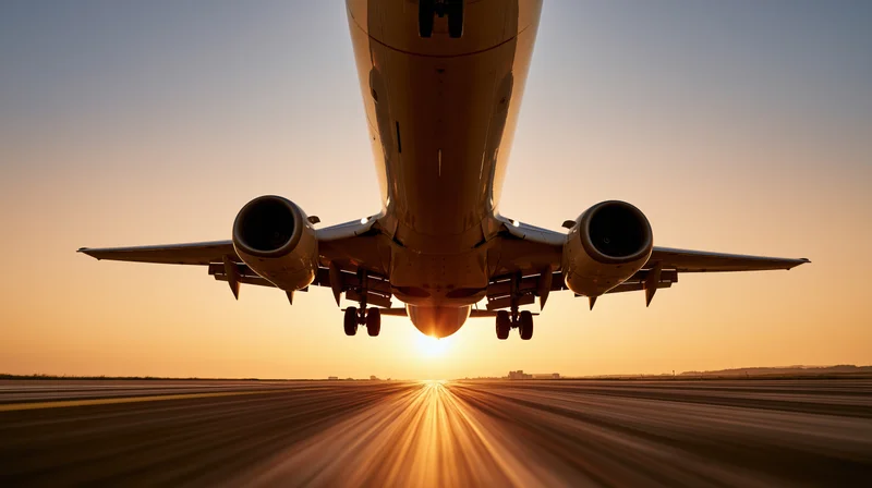 Commercial passenger jet lifting off from runway at sunset