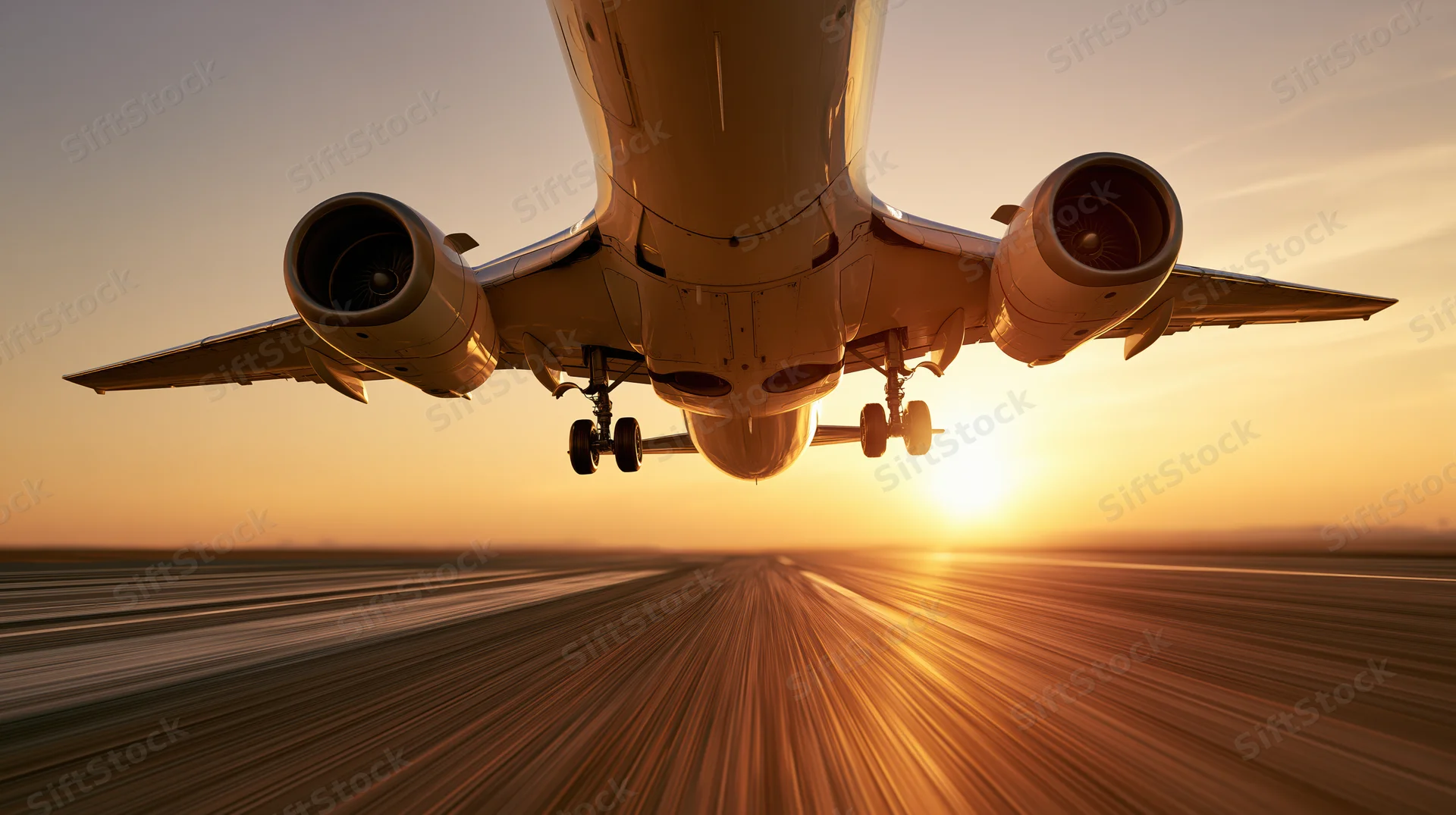 Commercial passenger jet lifting off from runway at sunset with motion blur and landing gear extended