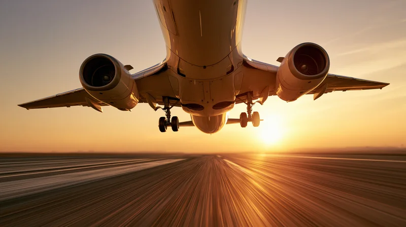 Commercial passenger jet lifting off from runway at sunset with motion blur and landing gear extended