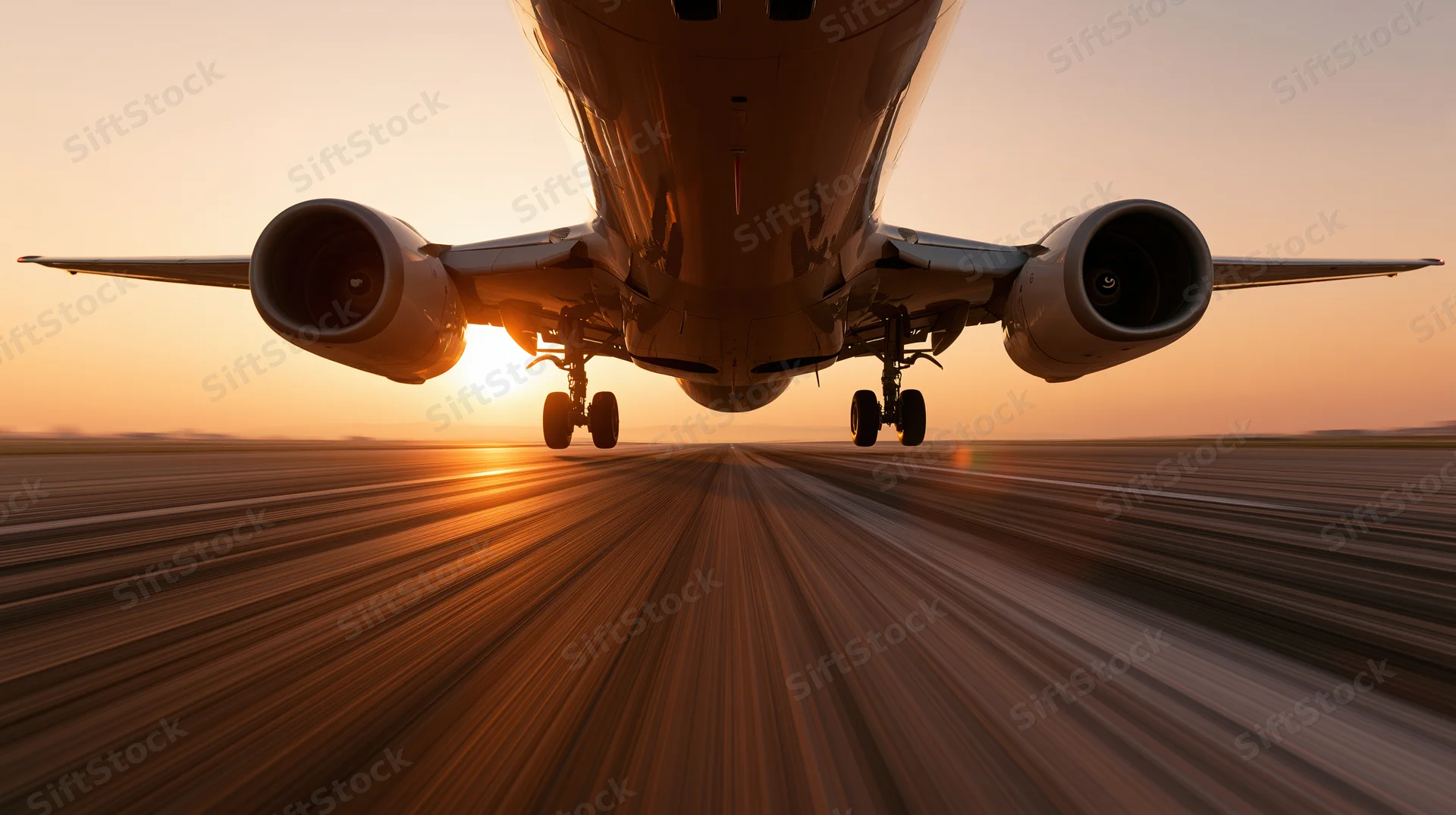 Commercial passenger jet lifting off from runway at sunset, low-angle view with motion blur