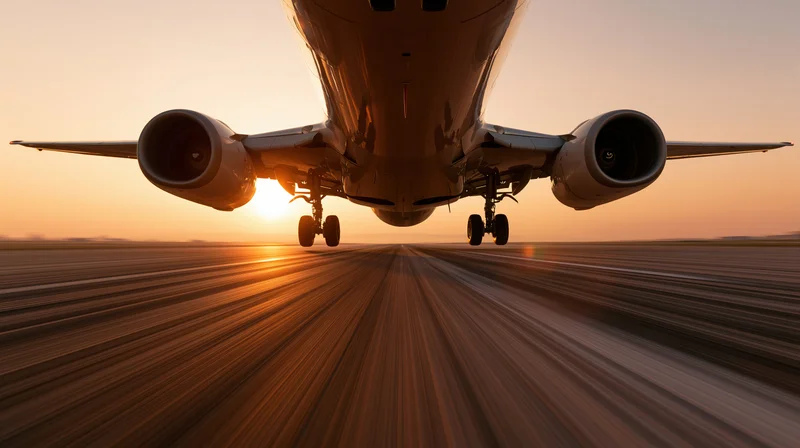 Commercial passenger jet lifting off from runway at sunset, low-angle view with motion blur