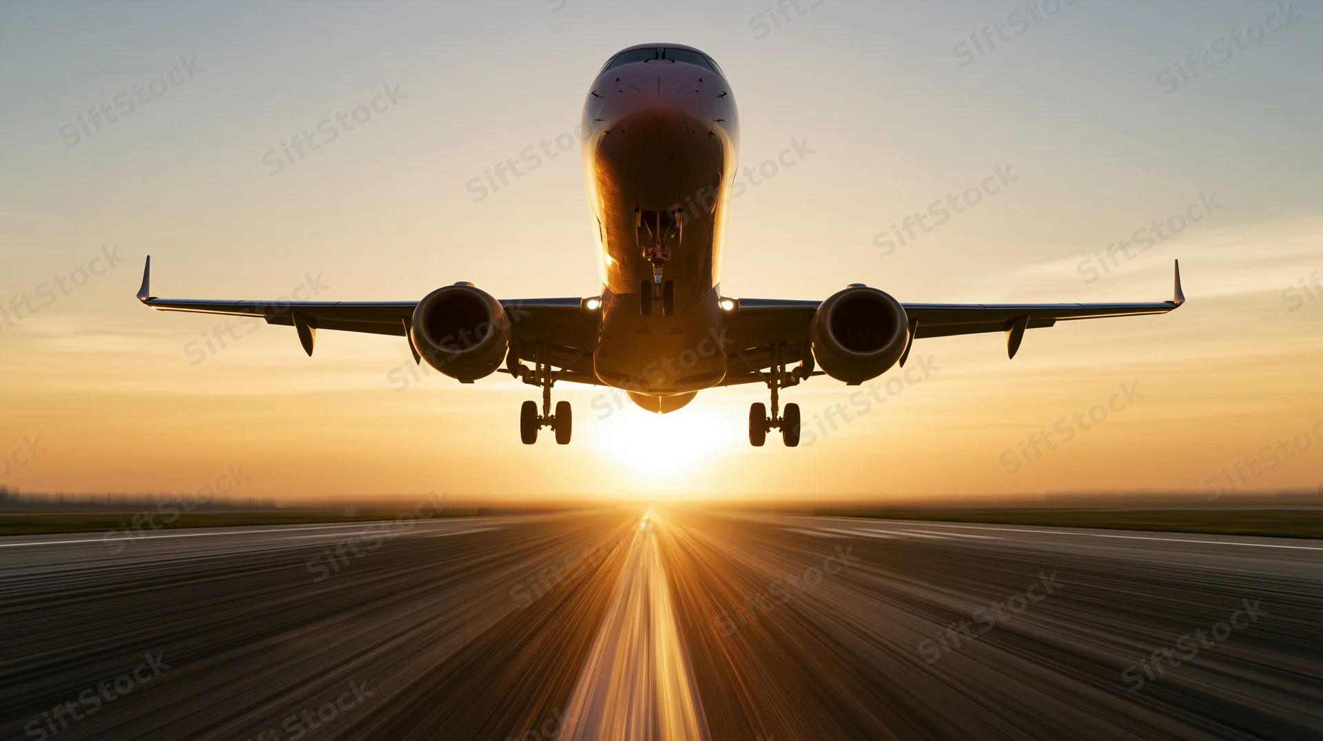 Commercial passenger jet lifting off from runway at sunset
