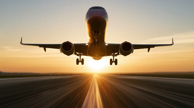 Commercial passenger jet lifting off from runway at sunset