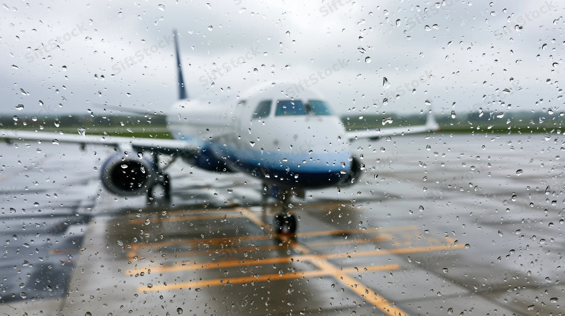 Commercial passenger jet parked on rain-soaked airport tarmac viewed through water-droplet-covered window