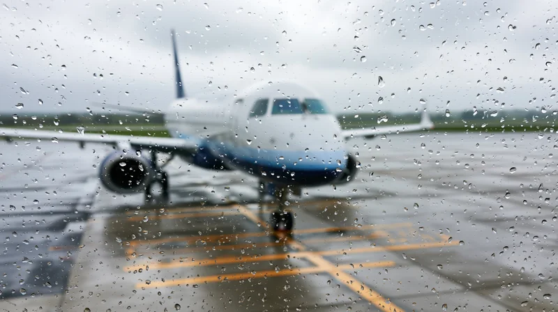 Commercial passenger jet parked on rain-soaked airport tarmac viewed through water-droplet-covered window