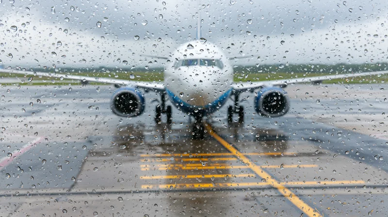 Commercial passenger jet viewed through rain-covered window on wet airport tarmac