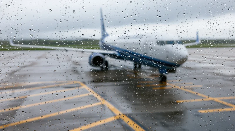 Commercial airplane parked on wet tarmac viewed through rain-covered window