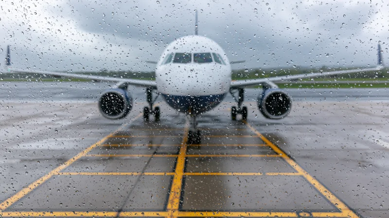 Commercial passenger jet viewed through rain-covered window on wet tarmac