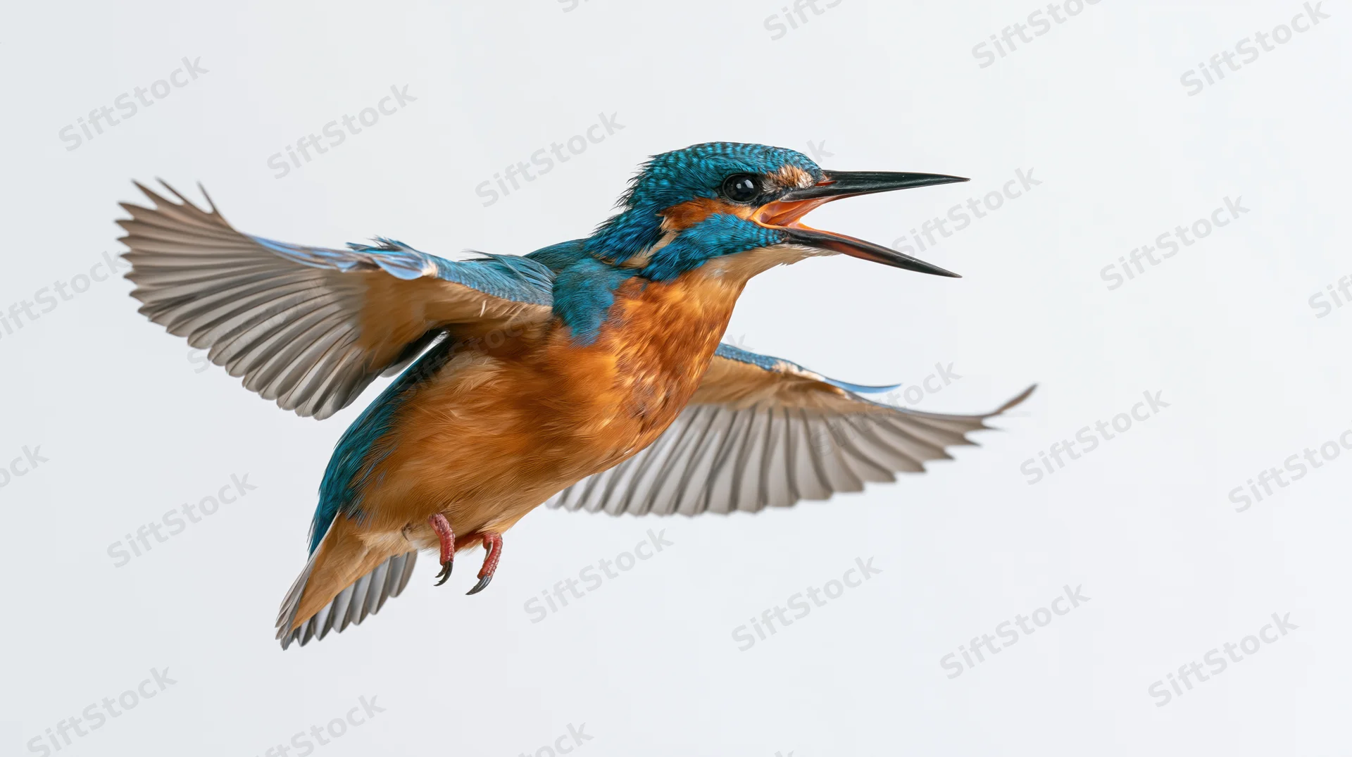 Common kingfisher in mid-flight with wings spread and beak open against white background
