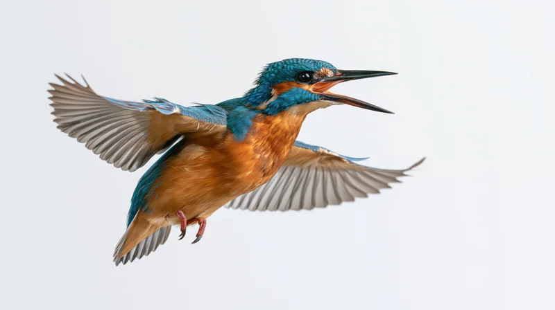 Common kingfisher in mid-flight with wings spread and beak open against white background