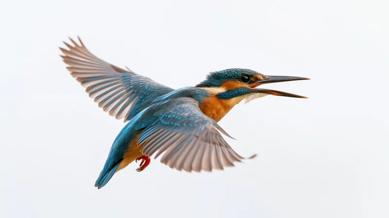 Kingfisher in midflight with wings spread and beak open against white background