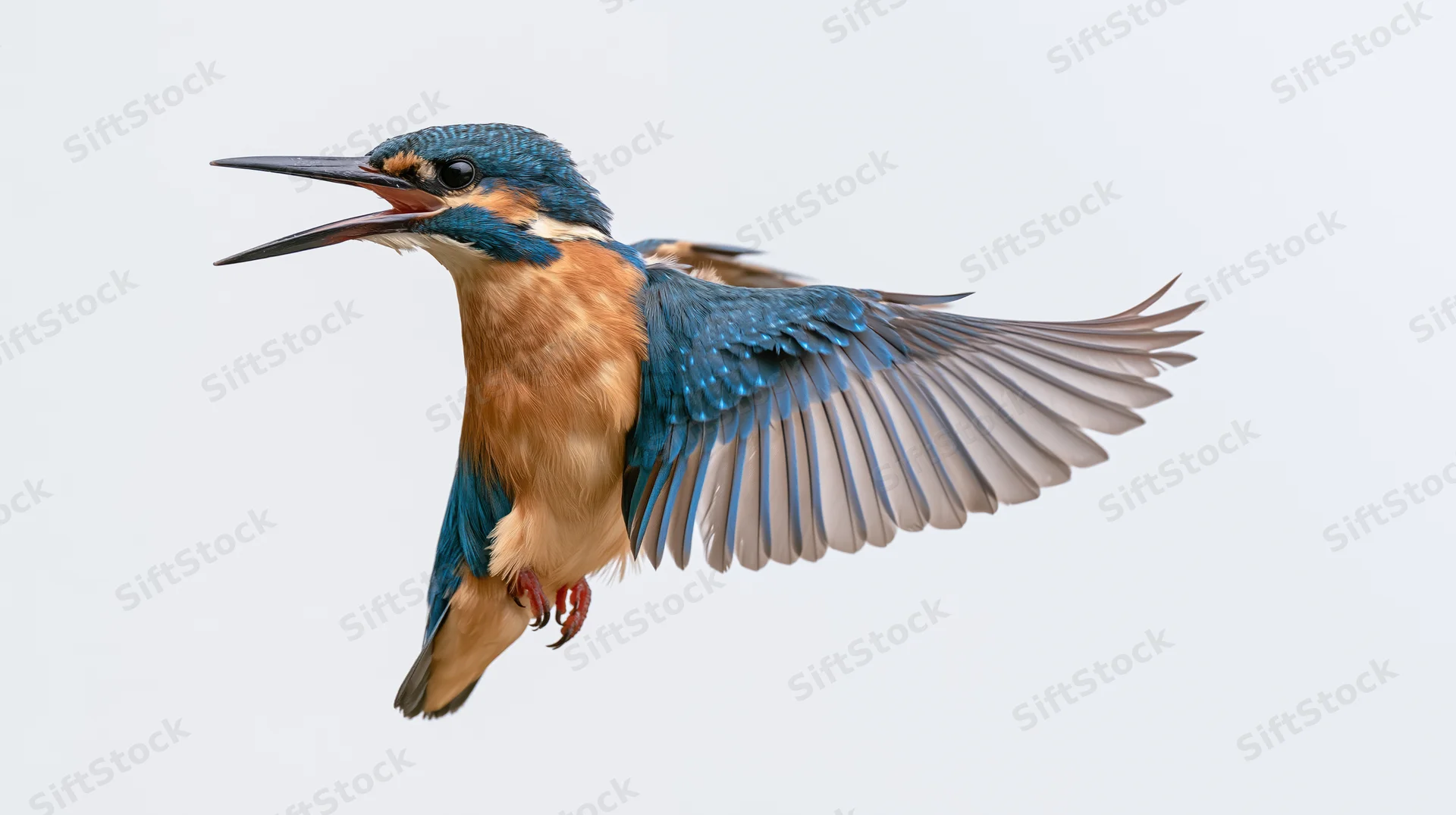 Common kingfisher in mid-flight with wings spread and beak open against white background