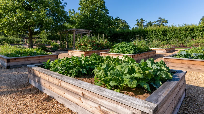 Vegetable garden with cedar raised beds arranged in rows on a gravel path under a clear blue sky