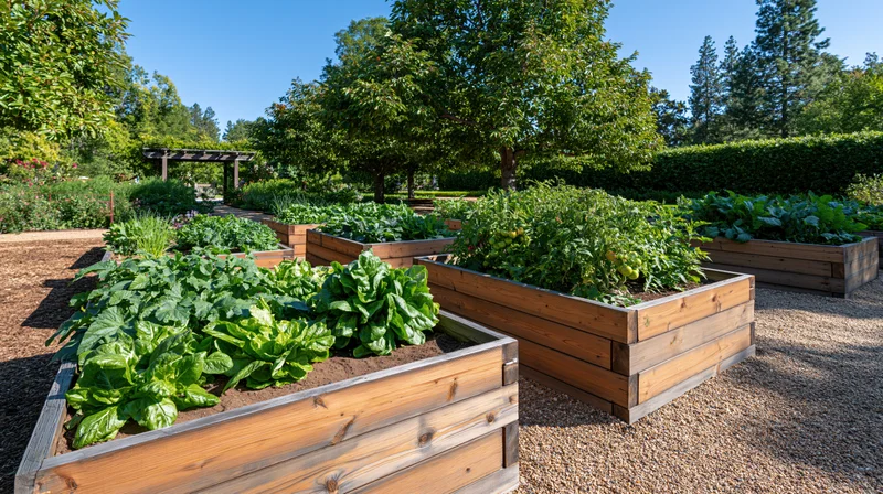 Vegetable garden with cedar raised beds arranged in rows on a gravel path under trees and a pergola