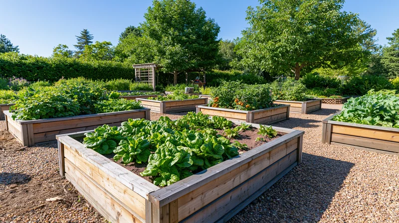 Community vegetable garden with cedar raised beds arranged on gravel pathways under sunlight