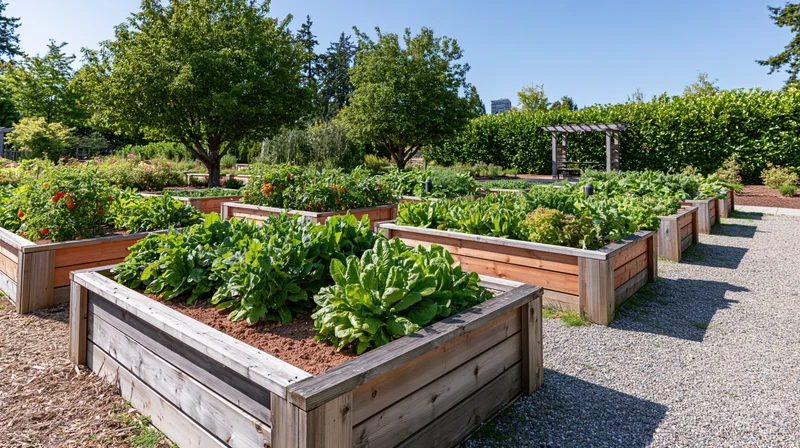 Community vegetable garden with cedar raised beds arranged in rows on a gravel path under sunny sky