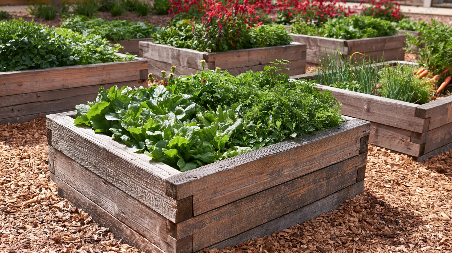 Wooden raised beds filled with leafy vegetables and herbs in a community garden surrounded by mulch