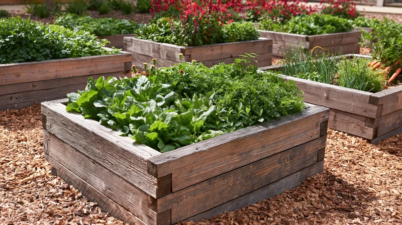 Wooden raised beds filled with leafy vegetables and herbs in a community garden surrounded by mulch